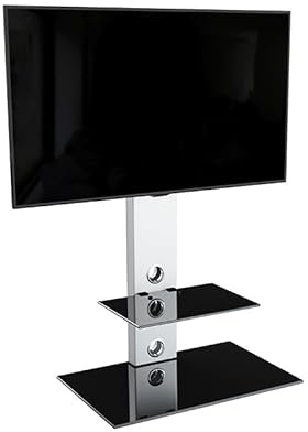 AVF Column TV Floor Stand - Pedestal TV Floorstand Unit - Up to 65 and 40kg Max - Gloss Black Safety Glass Shelves - Cable Management - Universal VESA (Silver Column)