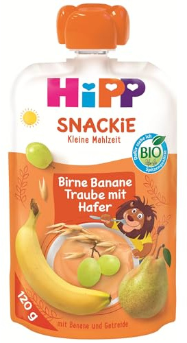 HiPP Bio Snackie Birne-Banane-Traube mit Hafer - Leo Löwe (6 x 120g), liefert Energie für Sport und Bewegung, ab 1 Jahr, vegan, in bester Bio-Qualität