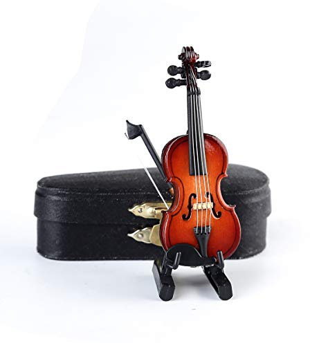 Seawoo - Violon miniature en bois avec support, nœud et étui - Mini instrument de musique miniature maison de poupée - Décoration de la maison 3.15x1.18x0.59