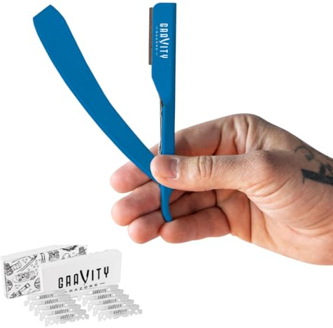 GRAVITY RAZORS Professional Straight Razor Kit – Ultra Exposure, Includes 10 Premium Blades, 2mm Exposed, Blue