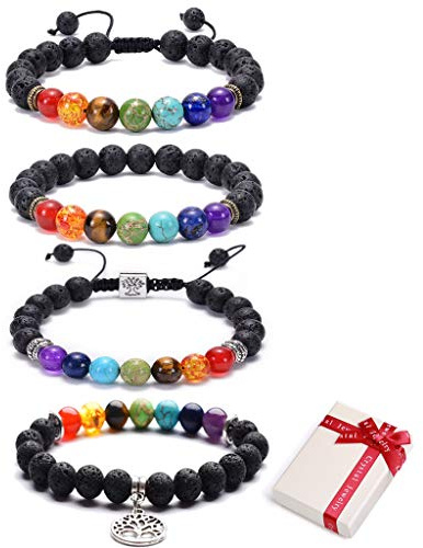 Feelairy Braccialetti con Pietre Preziose, 4 Pezzi Bracciale Pietra Lavica Naturale 8mm Bracciale Yoga con Ciondolo Albero della Vita, 7 Chakra Bracciale Buddha Bead Bracciale Elastico per Uomo Unisex