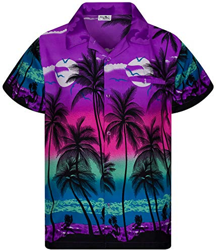 King Kameha JK-Funky Camicia-Hawaiana Uomo Manica-Corta Elegante Palme Tropicali Oceano Unisex
