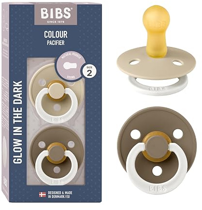 Tétine BIBS Colour Glow. Lot de 2 sucettes. Brillent dans le noir. Sans bisphénol A, Téterelle ronde. Latex de caoutchouc naturel. 6+ Mois (Lot de 2), Vanilla NIGHT/Dark Oak NIGHT