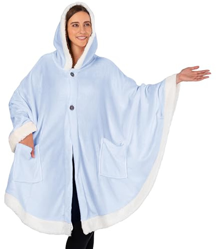 PAVILIA Hooded Blanket Poncho Sherpa Wearable Shawl Wrap Throw, Light Blue
