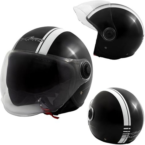 Casco Moto Jet Open Face Nero Lucido Doppia Visiera Grafica Bianca Omologato XXL