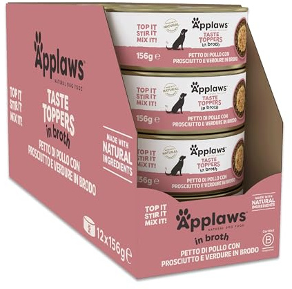 Applaws Lot de 12 boîtes de Nourriture Humide 100% Naturelle pour Chien, Poitrine de Poulet avec Jambon et légumes en Bouillon, 156 g