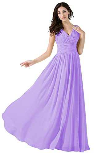 WTWVIAN Vestido de novia de dama de honor con cuello en V largo de gasa con volantes, Lila, 52