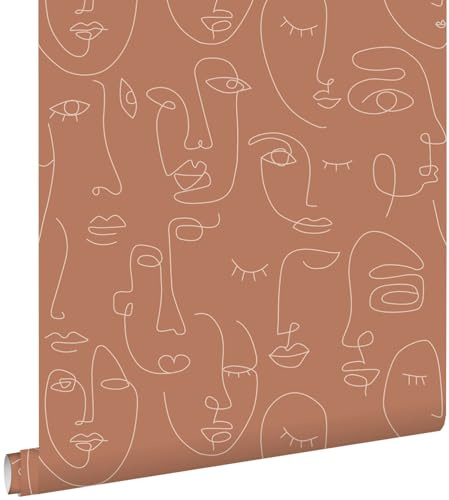 papier peint visages Line Art terracotta 53 cm x 10.05 m - ESTAhome