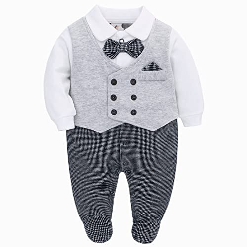 famuka bébé Barboteuse bébé garçon Smoking Costume Joueur baptême Mariage Parti Tenue Shooting Photo vêtements de bébé (Gris, 6M)