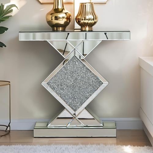 blingworld Konsolentisch, Verspiegelt, Silberfarbene Eingangstische Mit Diamantförmigem Hochglanz-Finish, Langer Schmaler Tisch, Glas-Sofatische, Foyer-Tische Für Wohnzimmer, Flur, Eingang, 80 Cm