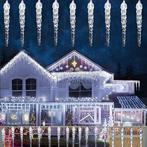 KINGCOO 100LED Solar Eiszapfen Lichter Garten, Wasserdicht 10M/32Ft Twinkling Eiskegel Tropfen Fenster Dekorative Fee Lichterketten 8Mode für Außen Innen Weihnachten Hochzeit Party Beleuchtung (Weiß)
