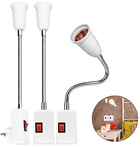 3 Piezas Portalámparas E27, Con Cuello de Cisne Flexible Adaptador de Extensión, Casquillo E27 Enchufe 360° Ajustable/Enchufe Europeo/Apto para Dormitorios/Cocinas/Pasillos(Sin Bombilla)