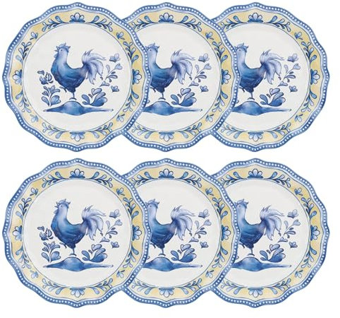 UP ware Juego de 6 platos de melamina, sin BPA, aptos para lavavajillas, platos redondos para plato principal, pasta y ensalada, platos de cena de 10.5 pulgadas (gallo azul)