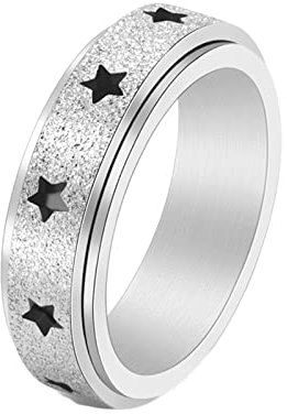 KnBoB Ringe Angst, 6MM Edelstahl Ring für Damen Herren Silber Hohl Stern Spinner Fidget Ring Größe 49 (15.6)