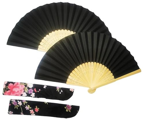 Generisch 2 Handfächer mit Etui, Papier- und Bambusfächer mit Schnitzereien, zur Abkühlung im Sommer, für Hochzeiten und Karneval