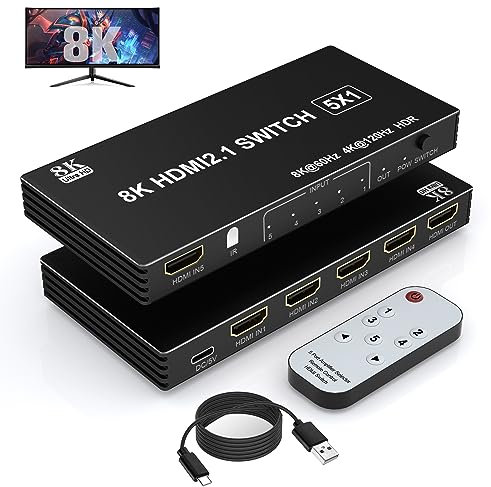 8K HDMI Switch 8K 60Hz, Commutateur HDMI 5 in 1 Out avec télécommande IR, Repartiteur hdmi 8K@60Hz/4K@120Hz pour Xbox PS5 PC TV
