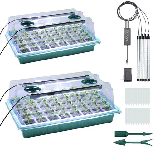 Seedfactor - Set of 2 Seed Starter Trays with Grow Light, 40 Cell Seedling Starter Tray Kit with Auto Timer, Adjustable Light, Full Spectrum, Dome