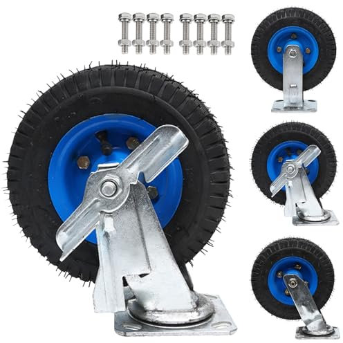 SAGIDAR Lenkrolle Luftrad 8 Zoll/10 Zoll, Geräuschlose Schwerlast Räder, 2 Stück Luftreifen Gummiräder, Eingebaute Doppellager, Mit Bremse, Schrauben, Industriell Rad Pannensichere