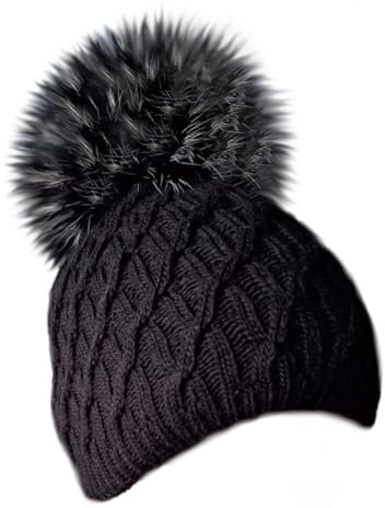 MERRYLAND Mütze Schwarz Echtfellbommel Pudelmütze ECHTFELL Bommelmütze Black Hat Real Fur Beanie Handmade Fellbommel Echt Fell Strickmütze Fellmütze Bommel Pelzbommel Pelz
