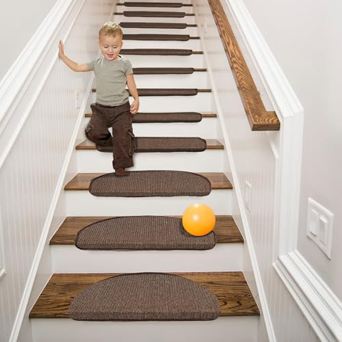 Qingbei Rina Lot de 15 tapis d'escalier - 22 x 65 cm - Antidérapants - Autocollants semi-circulaires - Protection pour marches en bois - Pour sol d'escalier (beige et marron)