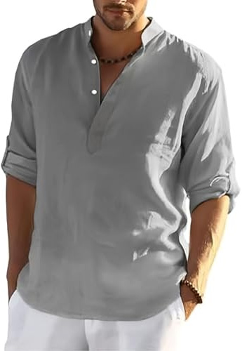MSIYOW Chemise Lin Homme Vetement Col Mao Shirt d'été Casual Manche Longue Chemises en Lin de Plage (L, Gris)