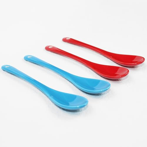 PTORIZNY 12,7 cm Keramiklöffel, Kaffeelöffel, Rührlöffel mit asiatischen Keramiklöffeln für Kaffee, Tee, Joghurt, Soße, Zucker, Salz und Desserts, Demitasse, Espressolöffel, 4 Stück, Rot und Blau