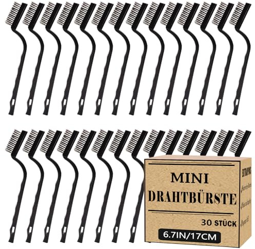 EXTRAPINS 30 Stück Drahtbürste, Mini Drahtbürsten, Klein | Drahtbürste mit Gebogenem Kunststoffgriff, Edelstahl Metall Bürste, zur Reinigung von Schweißschlacken, Schmutz and Rost