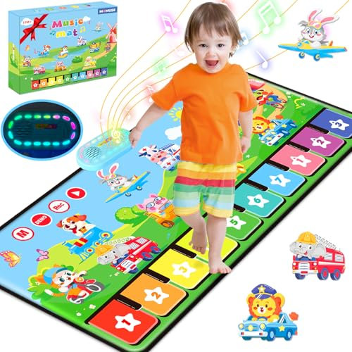 MOMUSE Music Mat with 80 Sounds, Large Piano Mat with 10 Animals & 10 Cars, Musical Toys for Toddlers 1-3, Floor Keyboard Dance Mat Gifts for 1 2 3 Years Old Boys Girls (110cm*45cm)