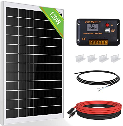 ECO-WORTHY Kit de panel solar de 120 W, 12 V, 0,5 kWh/día, fuera de la red, para autocaravana, furgoneta camper, barco, camping: panel solar mono de 120 W + controlador de carga solar PWM de 30 A +