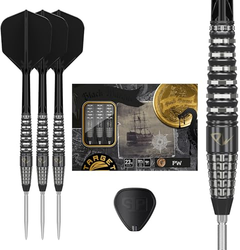 Target Japan Black Marque PW 90% Tungsten K-Flex Swiss Point Steeldarts Set, 23G | KFlex Dart Flight, Swiss Nano Points, Schwarz & Silber Steeldarts Spitzen mit K Flex integrierten Schäften und Flight