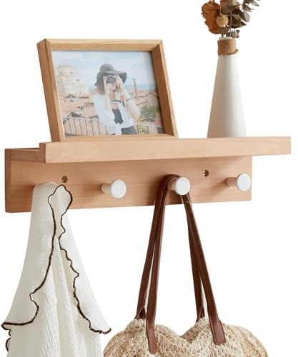 TREOAKWIS Wandgarderobe mit Ablage, Wandregal mit 4 Haken, Garderobenleiste Holz und Kleiderhaken, Schlüsselbrett für die Aufbewahrung, Badezimmer, Wohnzimmer, Schlafzimmer (48.5cm - 4Haken)