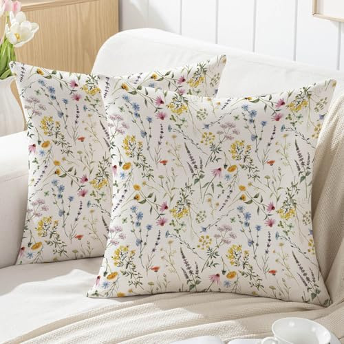 Jayusaror Kissenbezug 45x45 Frühling Bunte Wilde Blumen Blätter Outdoor Sofakissen Landhausstil Kissenhüllen Dekokissen Kissen Couchkissen Kissenbezüge Zierkissenbezug Garten Sofa Deko，2er Set