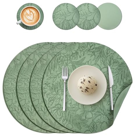Tischsets Abwaschbar und Untersetzer 4er Set, Rund Doppelseitigen Tischsets Leder rutschfest wasserdicht Platzdeckchen Kunstleder Platzset Lederoptik (Grün)
