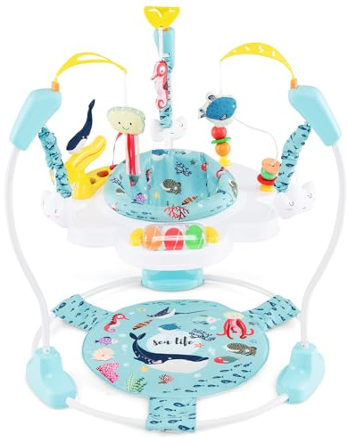 COSTWAY Jumperoo per Bambini, Centro attività Altezza Regolabile (Azzurro) | Gioco Saltellante con Sedile Girevole a 360°, Saltarello per Neonati con Luci e Suoni per Bambini 6+ Mesi