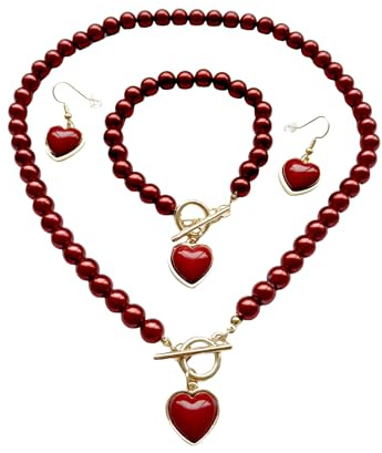 Dishowme pärla hjärta halsband örhängen set 4 st vintage konst pärla armband kärlek hjärta choker halsband smycken set för kvinnor, Einheitsgröße, Konstgjord pärla Legerat stål, Ingen ädelsten