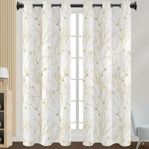 Curtains for Living Room Mustard Yellow White Bedroom Blackout Curtains Eyelet Durable Polyester Black Out Pencil Pleat Thermal Curtain Sitting Room Washable Reduce Noise 2x140x160cm