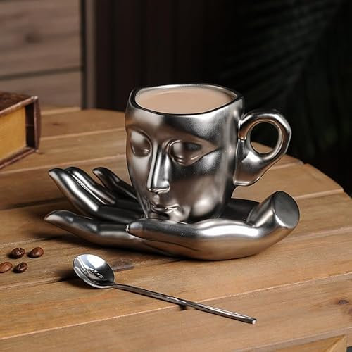 SJTJSPX Tasses à café en céramique avec soucoupe en forme de palmier - Tasse avec poignées pour thé, chocolat chaud, lait, latte, cappuccine, expresso - 260 ml