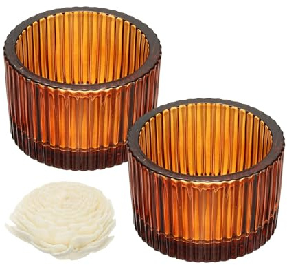 sourcing map 2 Pcs Glass Tea Light Candle Holder, Round Ribbed Glass Votive Candle Holder for Table Centerpiece, Home Decor and Party Supplies(Coffee)