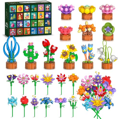 Calendrier de l’Avent 2025 Fleurs 3.6 Mini Set de Construction – Calendrier de Noël 24 Jours, Blocs de Construction Succulentes 827PCS, Cadeaux de Fête et Bas de Noël pour Enfants Filles Garçons 6+