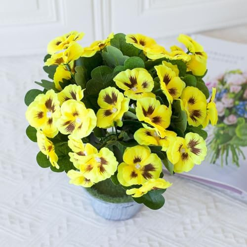 Lebendige künstliche Stiefmütterchen, Set mit 3 UV-beständigen realistischen Blüten, für Innen- und Außenbereich, Dekoration, Garten, Terrasse, Veranda, 32 cm hoch (gelb)