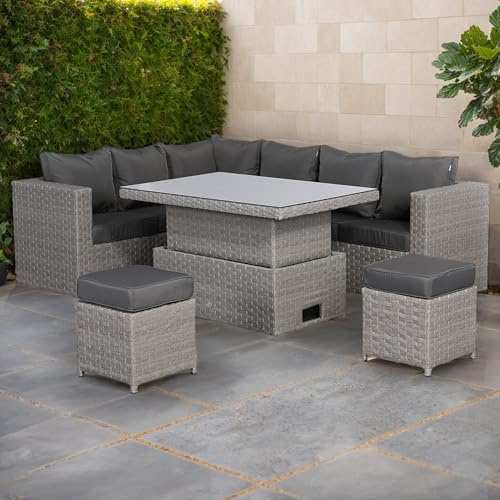 Club Rattan Rattan Modular Corner Sofa Set Rattan Garden Furniture Set Patio Corner Sofa Set with Rising Table and Washable Cushions (Stone Grey, 8 seats)