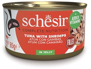 Schesir Atún con Gambas en Gelatina, Comida Húmeda para Gatos, en Latas, 100% Natural, con Vitaminas Añadidas, 12 x 85g