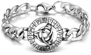 PiercingJak Wikinger Armband Herren Armkette mit Keltischer Knoten Wolf Runen Muster 11mm Breit Edelstahl Panzerkette Männer Armreif Nordischer Talisman Schmuck für Biker Motorradfahrer, Silber