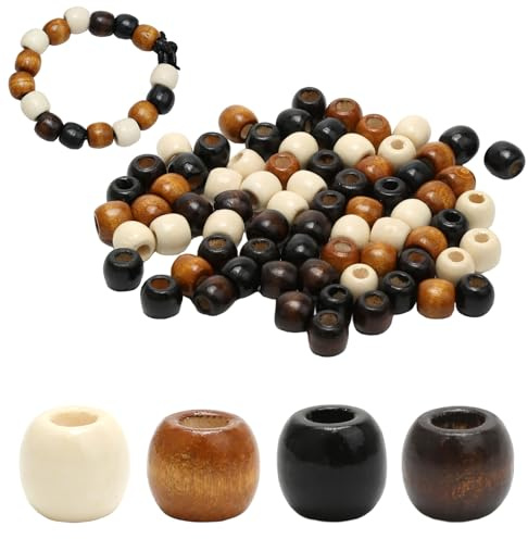 200 Pcs Barrel Woodens Beads Large Hole, Woodens Hair Bead for Braids, 12x11mm Natural Wooden Bead 4 Colors with Leather Cord for Bracelet Making, Crafting, DIY
