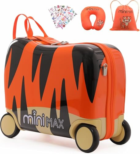 Aerolite Minimax Valise Enfant à 4 roulettes 45x36x20cm - Bagage Cabine pour Enfants 29L Bagage à Main de Voyage à Coque Rigide et 4 Roues - Set de Bagages avec Sac et Oreiller 45x36x20 (Tigre)