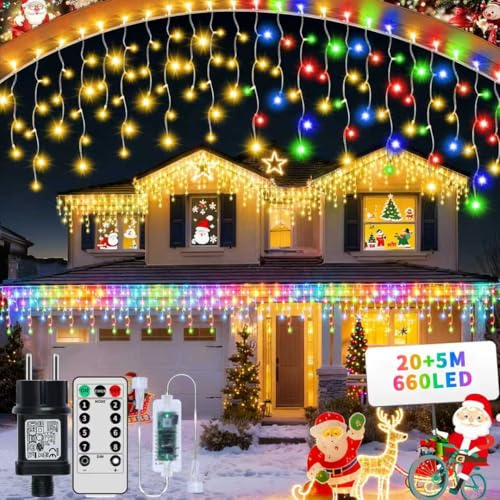 GCMacau Eisregen Lichterkette Außen, 20+5M 660 LED Weihnachtsbeleuchtung Eisregen Außen mit 8 Modi Fernbedienung, IP65 Wasserdicht Lichtervorhang für Dachkante Balkon Weihnachtsdeko, Warmweiß+Bunt