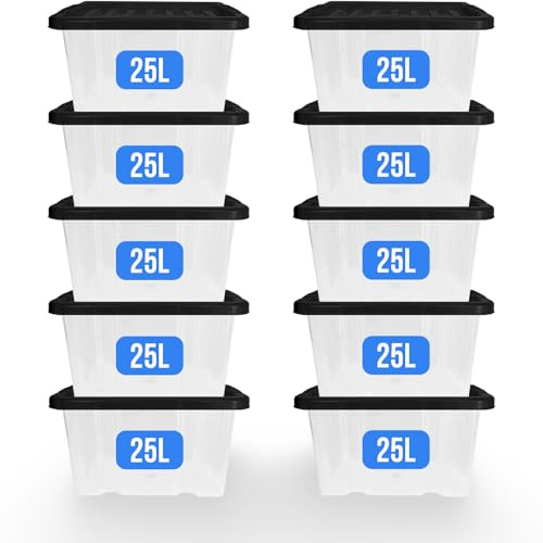 KAPCO Storage Solution – 10 x 25L Medium Plastic Storage Boxes with Lids, Transparent Stackable Container with Snap-On Black Lid | Ideal for Clothes, Craft, Kitchen Storage, BPA-Free Tubs | 25 Litre