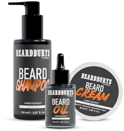 Kit de cuidado de barba Beardburys para hombre, con champú para barba, aceite para barba y crema para barba. Set hidratante y nutritivo con fragancia Amber Midnight. Idea de regalo para hombres.