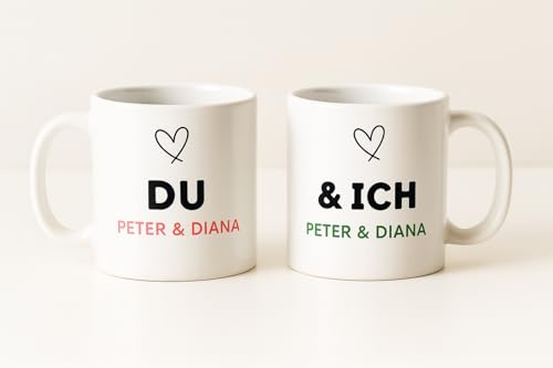 Tassen 2er Set personalisierten Tassen mit Namen, Du & Ich Tasse Keramik-Kaffeetassen für Paare; Geschenk für ihn und sie, Paar-Tassen
