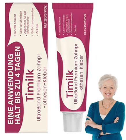 Timilk UltraBond Premium Zahnprothesen-Kleber, Secure Zahnersatz Kleber, Timilk Zahnprothesen Haftgel, Zahnprothesen Creme zur Prothesenanpassung Ganztägiger Halt (1 Stück)